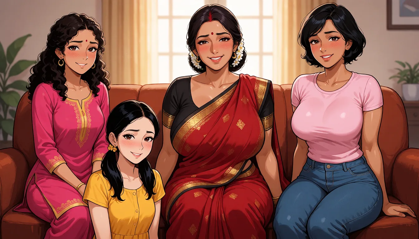hentai anime art, a middle aged woman of indian descent with long dark hair tied in a bun with white flowers in her hair in a red saree with a black blouse with a sexy voluptuous body and huge breasts sitting on the couch smiling and blushing looking at the camera. Left to her, sits a slender woman of indian descent wearing a pink punjabi kurti, curly hair and of indian decent smiling too and blushing. Right to her, sits an athletic woman wearing a tight t-shirt and jean pants with short hair of indian descent smiling too and blushing. Below her, sits a slender woman of indian descent in a yellow frock with black hair in ponytails who is also smiling too and blushing., clean lineart, smooth cel shading, glossy highlights, saturated warm colour, drawn illustration, strikingly beautiful, radiant complexion, early twenties