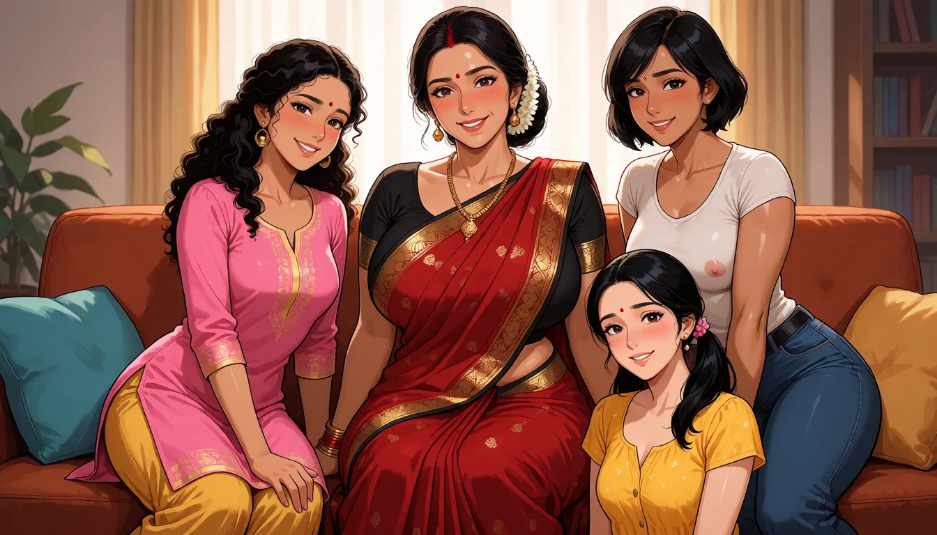 hentai anime art, a middle aged woman of indian descent with long dark hair tied in a bun with white flowers in her hair in a red saree with a black blouse with a sexy voluptuous body and huge breasts sitting on the couch smiling and blushing looking at the camera. Left to her, sits a slender woman of indian descent wearing a pink punjabi kurti, curly hair and of indian decent smiling too and blushing. Right to her, sits an athletic woman with small breasts wearing a tight t-shirt and jean pants with short hair of indian descent smiling too and blushing. Below her, sits a slender woman of indian descent in a yellow frock with black hair in ponytails who is also smiling too and blushing., clean lineart, smooth cel shading, glossy highlights, saturated warm colour, drawn illustration, strikingly beautiful, radiant complexion, early twenties