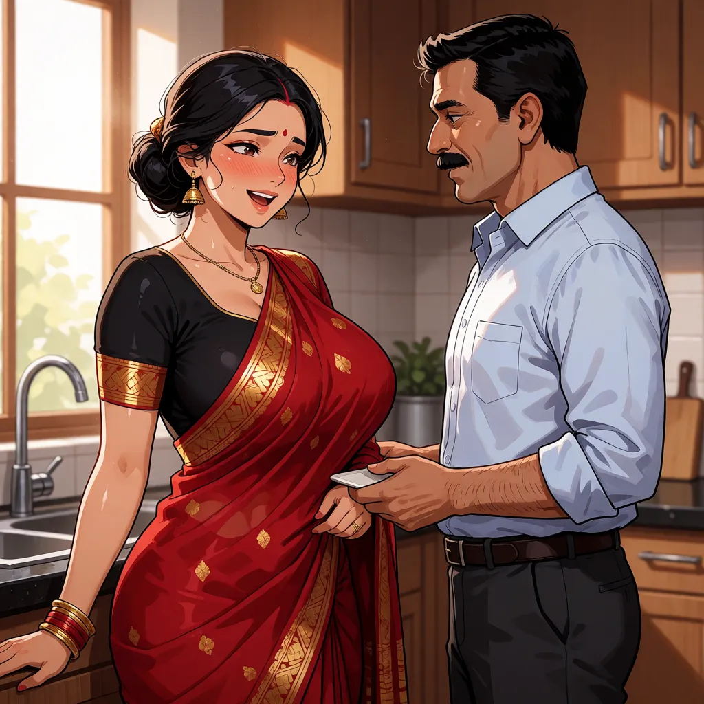 hentai anime art, an indian woman with a voluptuuos body wearing a red saree and black blouse and hair in a bun talking with her indian husband, a middle aged man in shirt and pants in the kitchen as she blushes heavily and smiles., clean lineart, smooth cel shading, glossy highlights, saturated warm colour, drawn illustration, strikingly beautiful, radiant complexion, early twenties