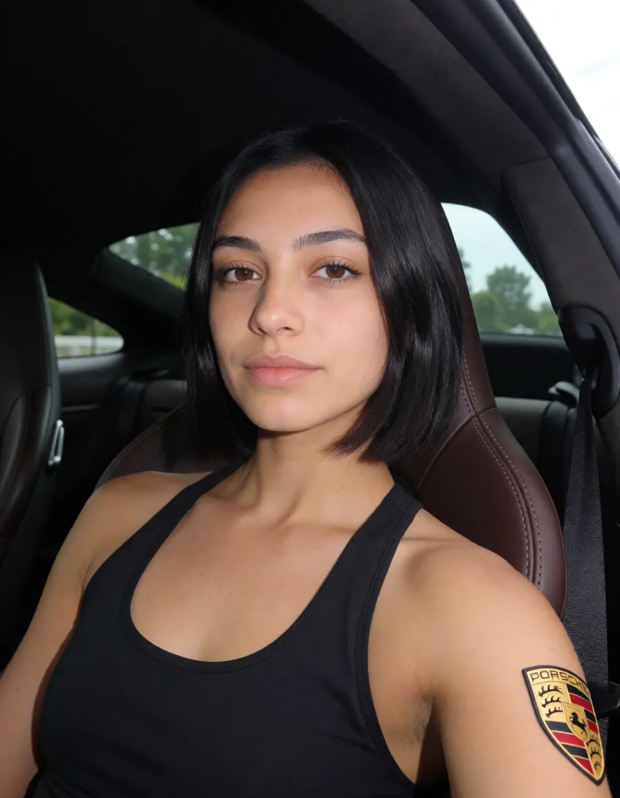 an amateur snapshot, Naked brown athletic Latina in 911 Porsche car, skinny, face like middle eastern Mila Kunis with wide mouth and round Arab nose, leather Porsche collar, nipple rings with Porsche logo hanging from them, leather cuffs, short straight black hair middle parted, Porsche logo pubic tattoo above pussy, shaved pussy, Porsche logo tattoo on upper arm, slightly bigger boobs natural saggy medium breasts, one leg up, brown skin, plenty of natural daylight, flat even light, casual unposed snapshot, natural everyday colour, mild noise, natural unretouched skin, strikingly beautiful, radiant complexion, early twenties