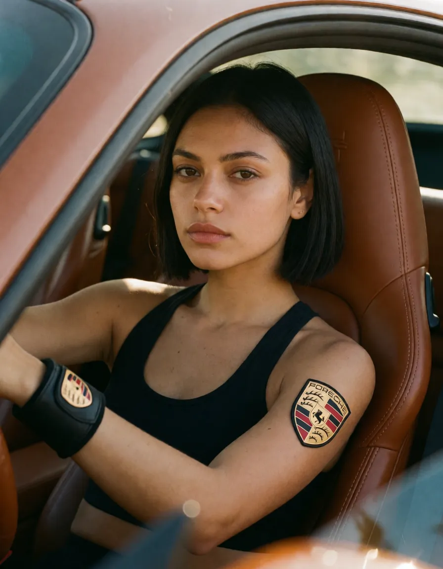 a photograph, Naked brown athletic Latina in 911 Porsche car, skinny, face like middle eastern Mila Kunis with wide mouth and round Arab nose, high cheekbones, leather Porsche collar, nipple rings with Porsche logo hanging from them, leather cuffs, short straight black hair middle parted, Porsche logo pubic tattoo above pussy, shaved pussy, Porsche logo tattoo on upper arm, slightly bigger boobs natural saggy medium breasts, one leg up, brown skin, warm golden afternoon daylight, soft natural shadows, warm amber tones, gentle contrast, fine film grain, smooth clear skin, strikingly beautiful, radiant complexion, early twenties