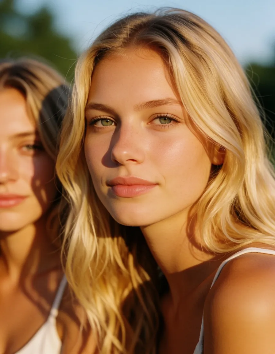 a photograph, Blonde 18 year old women slumber party huge tits, warm golden afternoon daylight, soft natural shadows, warm amber tones, gentle contrast, fine film grain, smooth clear skin, strikingly beautiful, radiant complexion, early twenties