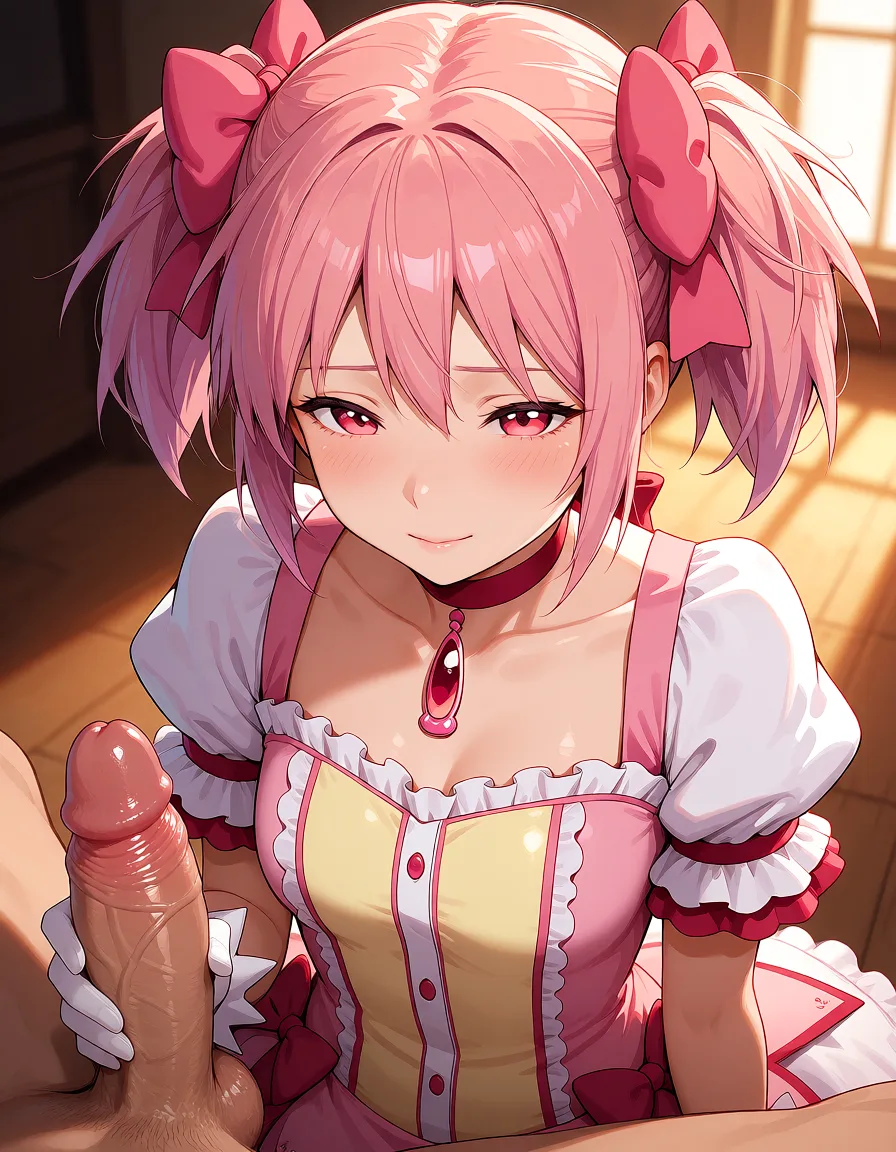hentai anime art, madoka futanari pink_hair magical_woman looking_down penis, clean lineart, smooth cel shading, glossy highlights, saturated warm colour, drawn illustration, strikingly beautiful, radiant complexion, early twenties