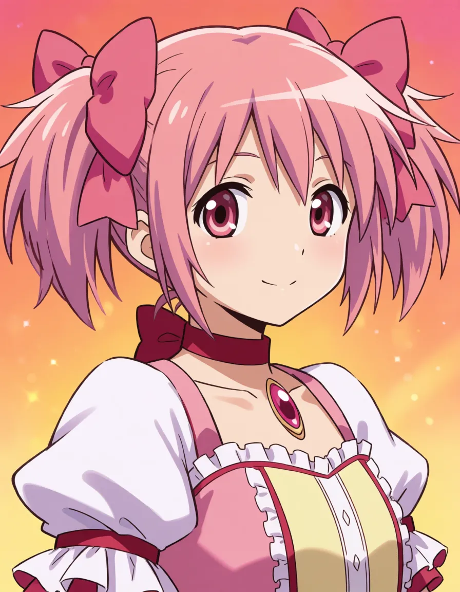 hentai anime art, madoka futanari futa_with_female pink_hair magical_woman pink_eyes penis 1woman, clean lineart, smooth cel shading, glossy highlights, saturated warm colour, drawn illustration, strikingly beautiful, radiant complexion, early twenties