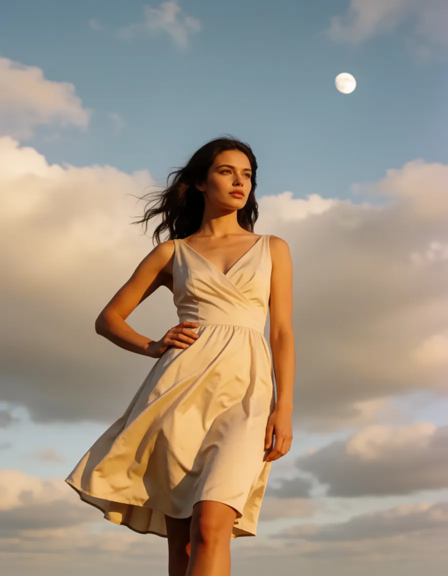 a photograph, RAW photo, ultra realistic, demon woman, shiny skin, cocktail dress, hand on hip, wet pussy, cloudy sky, wide shot, moonlight, warm golden afternoon daylight, soft natural shadows, warm amber tones, gentle contrast, fine film grain, smooth clear skin, strikingly beautiful, radiant complexion, early twenties
