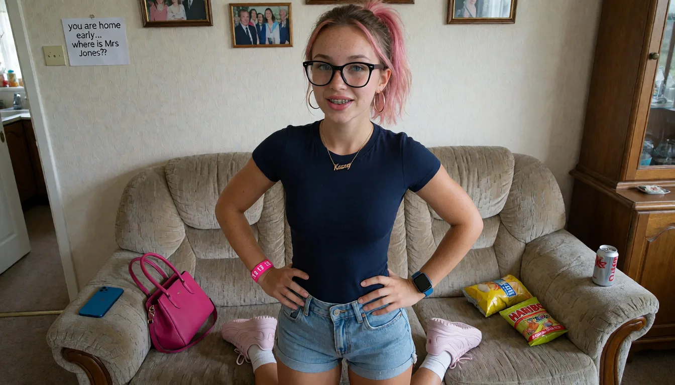 an amateur snapshot, A very short 18 year old woman, petite, no make up on, full lips, spots on skin, freckles, short pink highlighted brunette hair in ponytail, wearing black framed spectacles, braces on teeth, wearing a necklace around her neck that says ' Kacey' she is wearing denim shorts, her shorts are unbuttoned at the top. She is wearing a tight navy blue t shirt and light pink trainers with white socks. She is wearing big gold hoop earrings and blue Apple Watch and a pink  bangle on her wrist that says '13 .13   13."  Clearly in white on. Her hands are on her hips. She is looking at the camera not smiling. She has blue eyes. She is standing in front of a sofa in a dated dining room. The sofa is big but not new. There are a couple of family photos on the wall. On the sofa is a pink handbag. A blue iPhone, an opened bag of crisps and a bag of haribo sweets.. On the side table is a can of coke. There is a clearly written note on the wall in type that says ' you are home early... where is Mrs Jones?", plenty of natural daylight, flat even light, casual unposed snapshot, natural everyday colour, mild noise, natural unretouched skin, strikingly beautiful, radiant complexion, early twenties