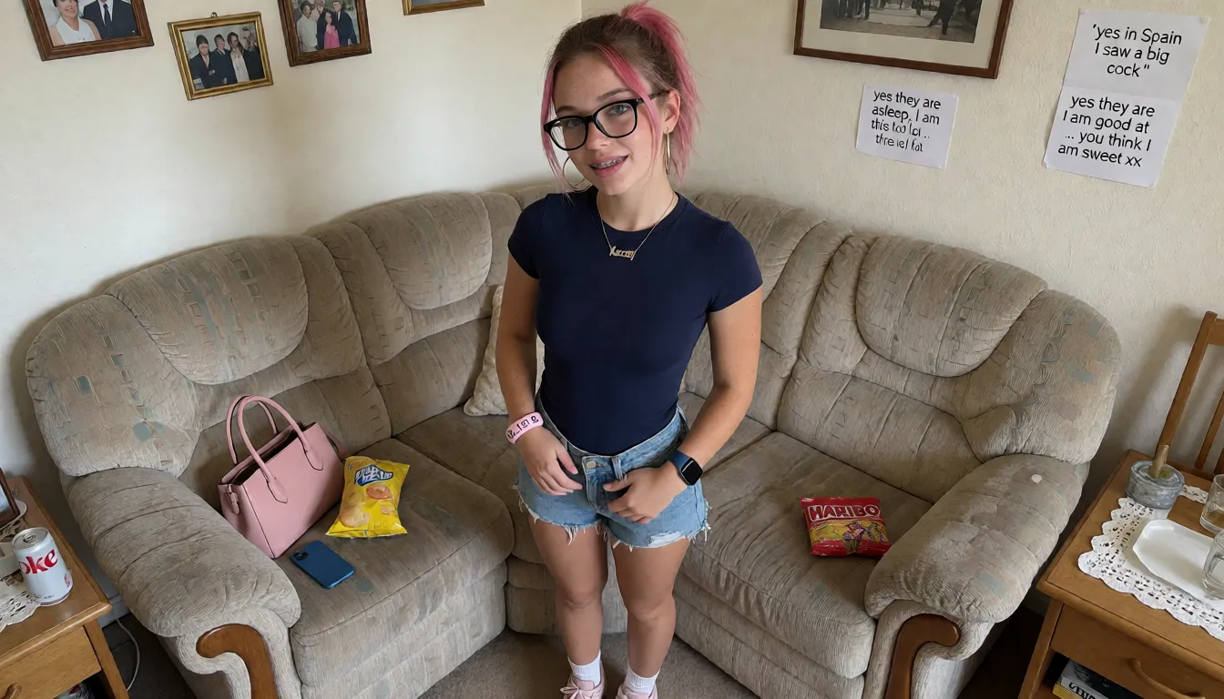 an amateur snapshot, A very short 18 year old woman, petite, no make up on, full lips, spots on skin, freckles, short pink highlighted brunette hair in ponytail, wearing black framed spectacles, braces on teeth, wearing a necklace around her neck that says ' Kacey' she is wearing denim shorts, her shorts are unbuttoned at the top. She is wearing a tight navy blue t shirt and light pink trainers with white socks. She is wearing big gold hoop earrings and blue Apple Watch and a pink  bangle on her wrist that says '13 .13   13."  Clearly in white on. One hand on her hip one hand has finger in loop on shorts.. She is looking at the camera not smiling. She has blue eyes. She is standing on the floor in front of a sofa in a dated dining room.  The sofa is big but not new. There are a couple of family photos on the wall. On the sofa is a pink handbag. A blue iPhone, an opened bag of crisps and a bag of haribo sweets.. On the side table is a can of coke. There is a clearly written note on the wall in type that says '' yes in Spain I saw a big cock '' note below that clearly says ' yes they are asleep, I am good at this lol .. you think I am sweet xx', plenty of natural daylight, flat even light, casual unposed snapshot, natural everyday colour, mild noise, natural unretouched skin, strikingly beautiful, radiant complexion, early twenties