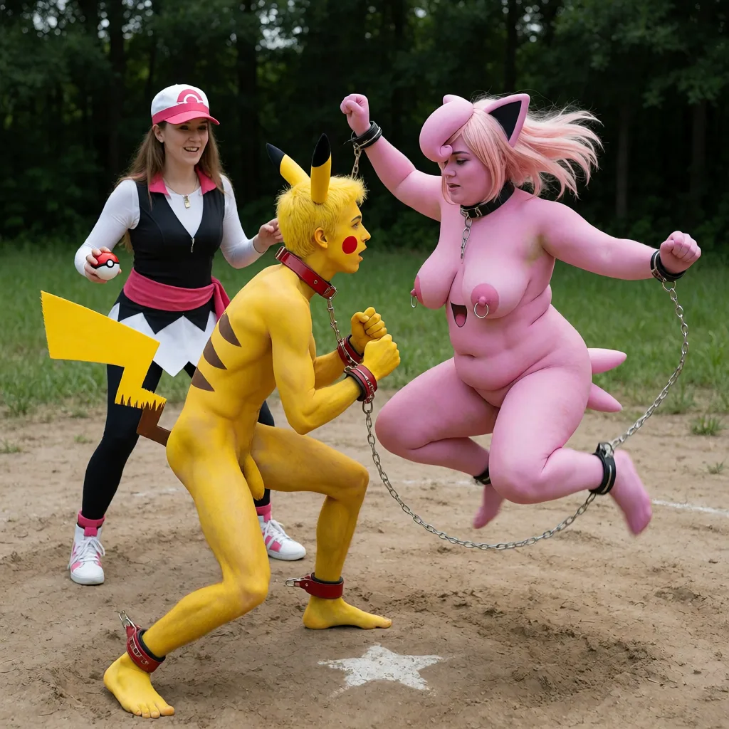 an amateur snapshot, Naked male slave cosplayer body painted in the style of pikachu Pokémon with pikachu ears and a pikachu tail as butt plug, slave collar and red leather slave cuffs around wrists and ankles, he skinny and squats inside a Pokémon arena, battle stance, a old female Pokémon trainer with domina Outfit behind him posing with pokeball. 

Battle against female cosplayer slave body painted in style of jigglypuff, chubby sexy body, pink nipple rings, slave collar and cuffs, squatting and attacking the other slave with a jump motion,, plenty of natural daylight, flat even light, casual unposed snapshot, natural everyday colour, mild noise, natural unretouched skin, strikingly beautiful, radiant complexion, early twenties