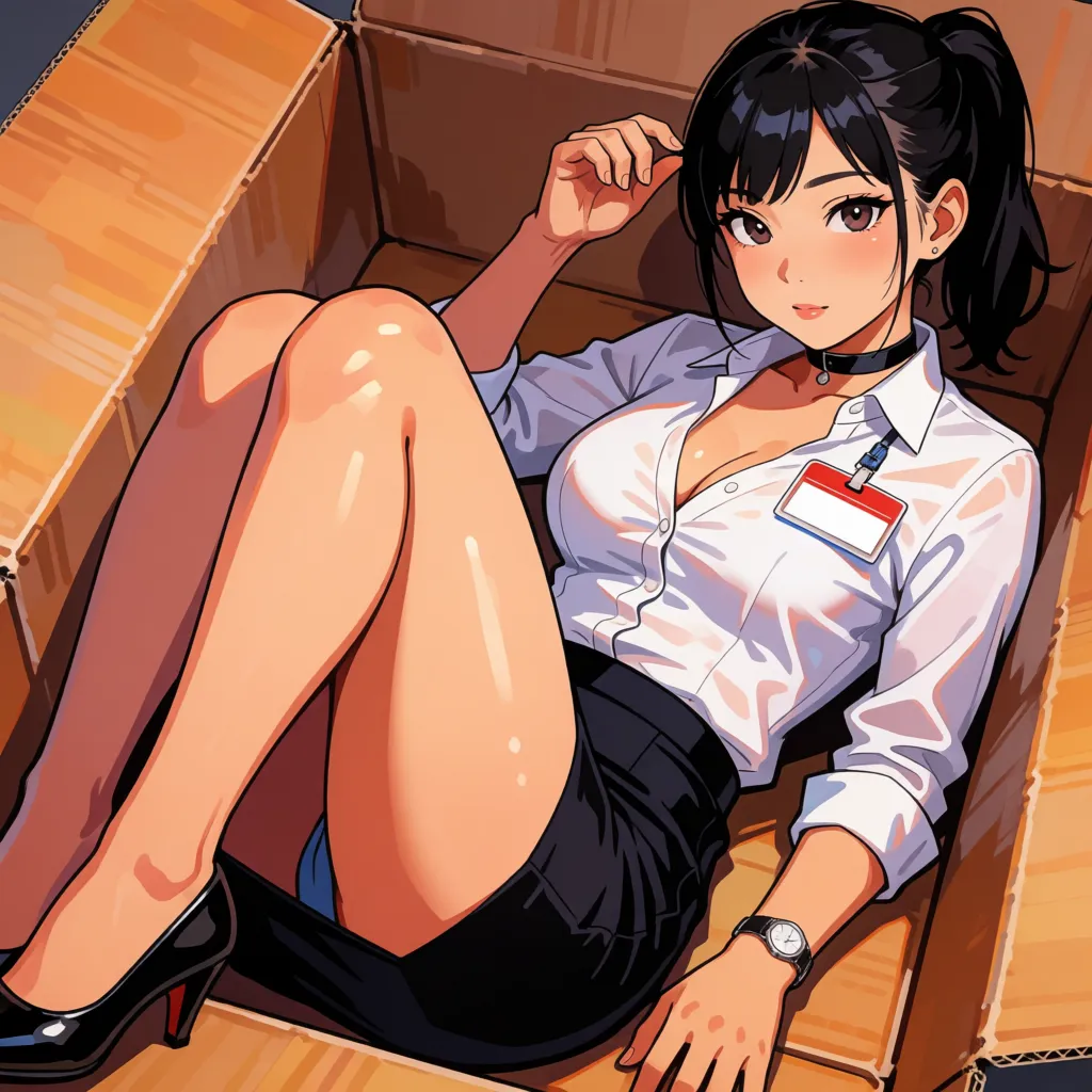hentai anime art, 1woman, asian milf, tsurime, black hair ponytail, fat, massive sagging breasts, bondage, taped mouth, nervous, looking at viewer, blushing, hugging own legs, lying in box, removed clothes in box, office lady, removed glasses, body writings, price tags, removed shoes, stuffed box, choker, naked, body freckles, from above, full body,, clean lineart, smooth cel shading, glossy highlights, saturated warm colour, drawn illustration, strikingly beautiful, radiant complexion, early twenties