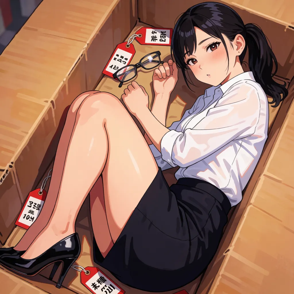 hentai anime art, 1woman; asian milf; tsurime; black hair ponytail; fat; massive sagging breasts; bondage; mouth gag; nervous; looking at viewer; blushing; lying in box; removed clothes in box, office lady; removed glasses; price tags, stuffed box, choker, naked, body freckles, from above, full body,, clean lineart, smooth cel shading, glossy highlights, saturated warm colour, drawn illustration, strikingly beautiful, radiant complexion, early twenties