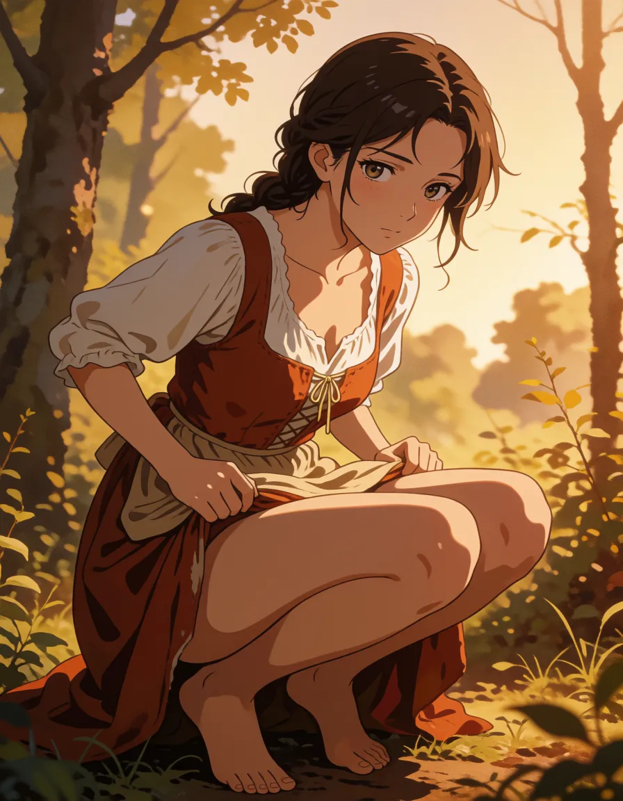 a photograph, Style anime réaliste. Une jeune paysanne, accroupie et en robe soulevée. Dans un sous-bois. Un baton dans le petit trou. Vue du personnage en entier. Vue de dos., warm golden afternoon daylight, soft natural shadows, warm amber tones, gentle contrast, fine film grain, smooth clear skin, strikingly beautiful, radiant complexion, early twenties