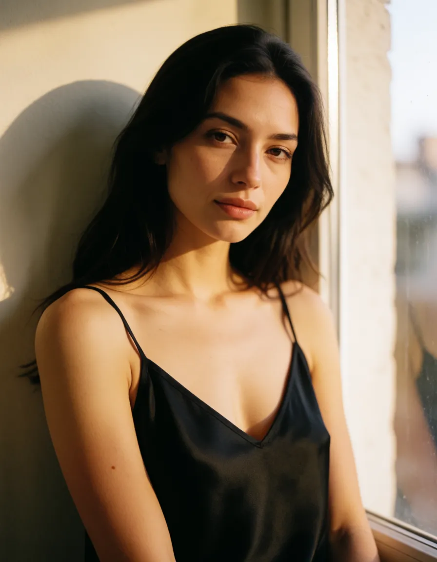 a photograph, a woman with long dark hair in a black silk slip, soft window light, shot on film, warm golden afternoon daylight, soft natural shadows, warm amber tones, gentle contrast, fine film grain, smooth clear skin, strikingly beautiful, radiant complexion, early twenties