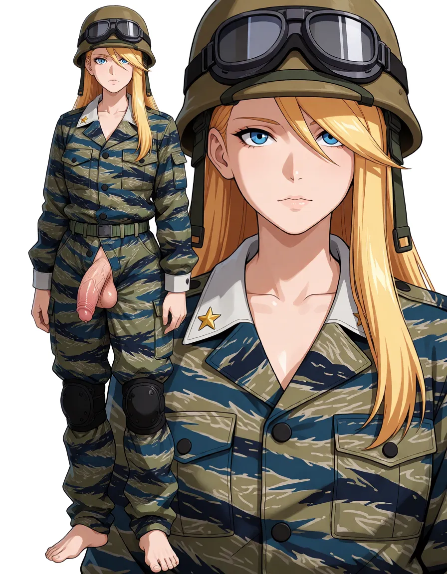 hentai anime art, Arme Buff from Ace Attorney 
anime style, official character sheet, full body, standing straight, facing viewer, white background,
young adult woman, slim athletic build, fair skin,
long straight blonde hair, side-swept bangs, hair reaching past chest,
blue eyes, calm serious expression, small nose, thin lips,
tan khaki military helmet, dark goggles resting on the front of the helmet,
blue and tan tiger stripe camouflage military uniform,
button-up camo jacket, white collar, two chest pockets, small gold star pins on both collar tips,
matching blue tan tiger stripe camouflage pants,
black knee pads on both knees,
barefoot, no shoes,
clean lineart, simple cel shading, sharp details

futanari, she has a penis, large veiny cock hanging out of unbuttoned camouflage pants, balls visible, uniform still on, jacket closed, standing full body, white background, character sheet, clean lineart, clean lineart, smooth cel shading, glossy highlights, saturated warm colour, drawn illustration, strikingly beautiful, radiant complexion, early twenties