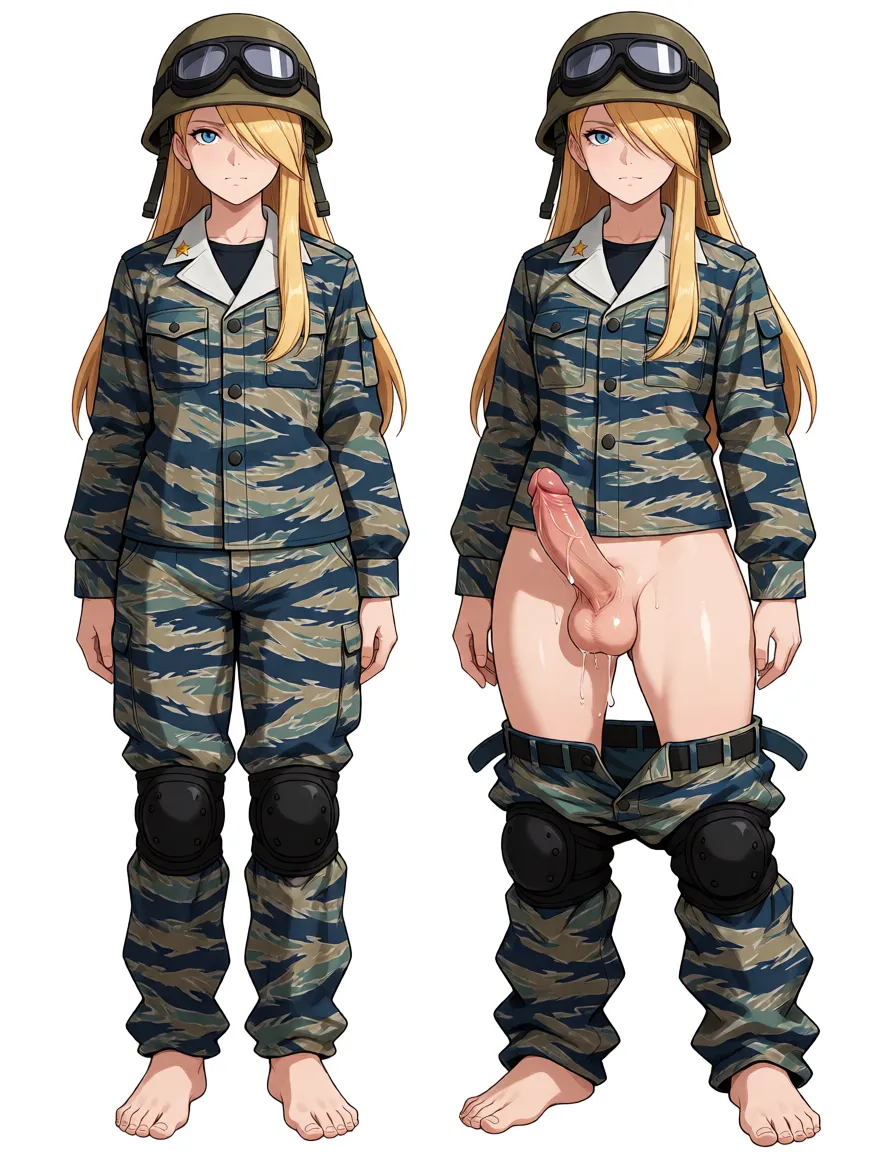hentai anime art, Arme Buff from Ace Attorney
anime style, official character sheet, full body, standing straight, facing viewer, white background,
young adult woman, slim athletic build, fair skin,
long straight blonde hair, side-swept bangs, hair reaching past chest,
blue eyes, calm serious expression, small nose, thin lips,
tan khaki military helmet, dark goggles resting on the front of the helmet,
blue and tan tiger stripe camouflage military uniform,
button-up camo jacket, white collar, two chest pockets, small gold star pins on both collar tips,
matching blue tan tiger stripe camouflage pants,
black knee pads on both knees,
barefoot, no shoes,
clean lineart, simple cel shading, sharp details
futanari, camouflage pants pulled down around ankles, fully erect thick penis, heavy balls, jacket still on, helmet with goggles, black knee pads, bare feet, standing facing viewer, precum dripping, white background, clean lineart, smooth cel shading, glossy highlights, saturated warm colour, drawn illustration, strikingly beautiful, radiant complexion, early twenties