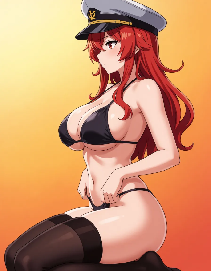 hentai anime art, A milf in black bikini and black stockings with grey admiral cap, red hair. Has huge and thick thighs, massive ass and huge breasts. profile, clean lineart, smooth cel shading, glossy highlights, saturated warm colour, drawn illustration, strikingly beautiful, radiant complexion, early twenties