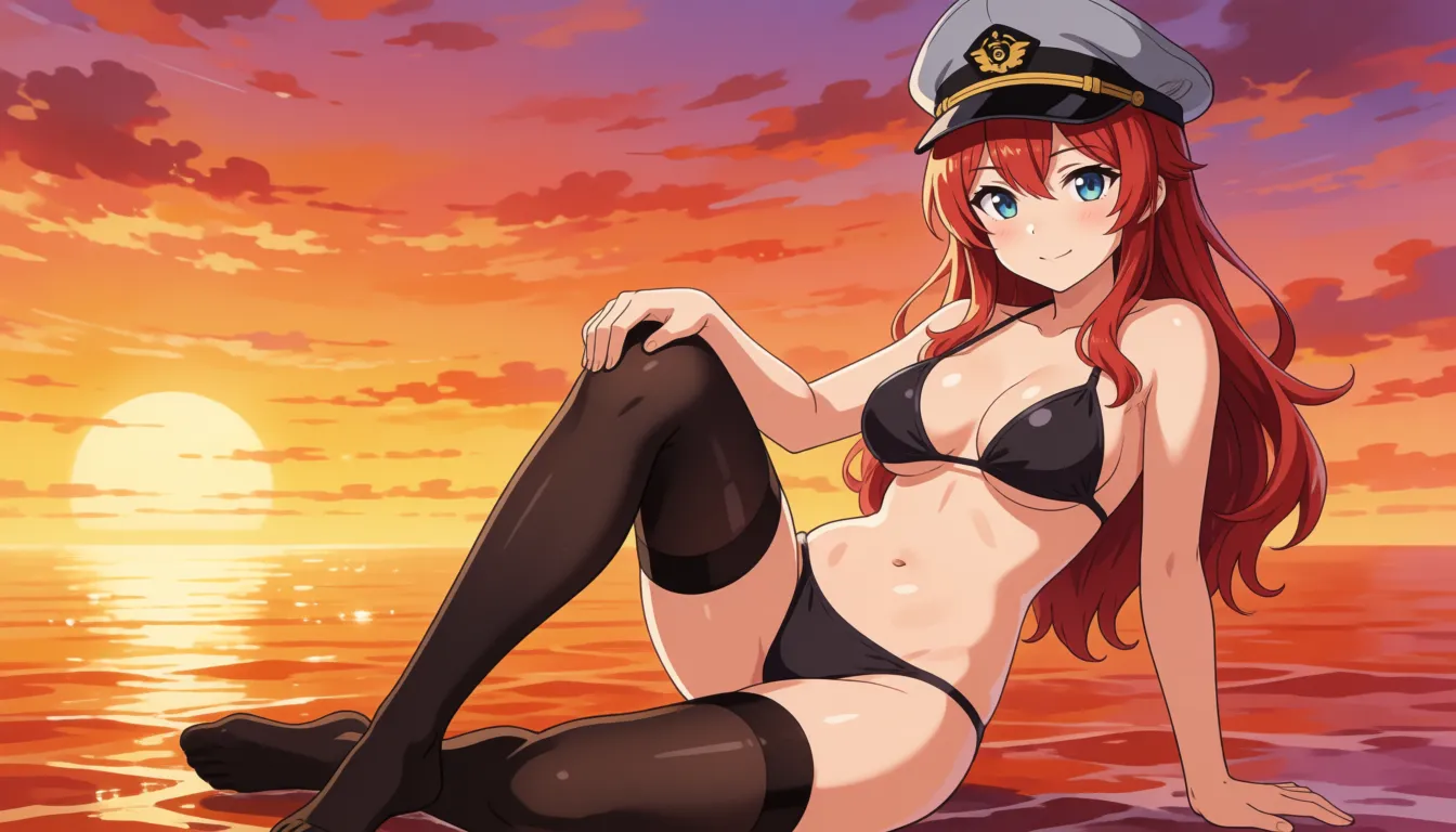 hentai anime art, A milf in black bikini and black stockings with grey admiral cap, red hair, Has thick thighs, massive ass and huge breasts. Ship background. Full picture of her., clean lineart, smooth cel shading, glossy highlights, saturated warm colour, drawn illustration, strikingly beautiful, radiant complexion, early twenties