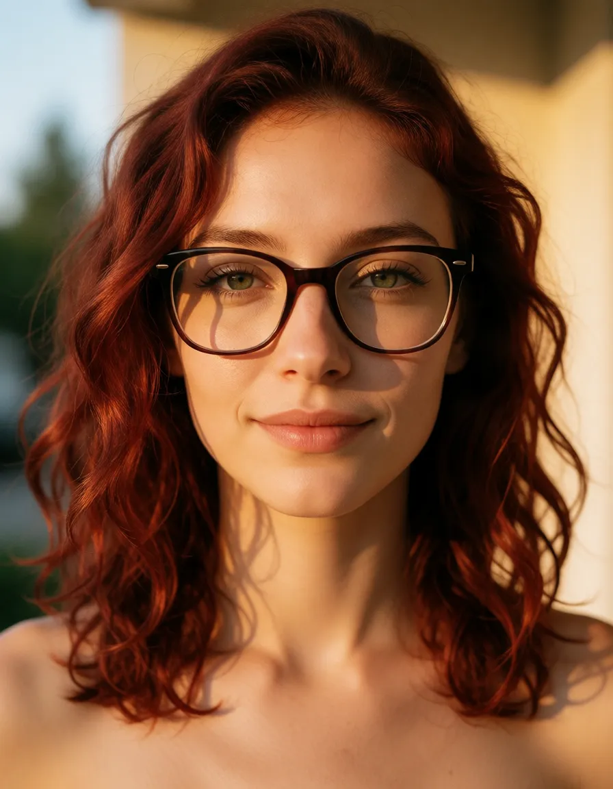 a photograph, She has wavy hair of medium length with a warm reddish‑brown hue. Her facial features are expressive: a neat nose, clearly defined cheekbones, and lips with a slight half‑smile. She wears large glasses with dark frames. Taker pov blowjob., warm golden afternoon daylight, soft natural shadows, warm amber tones, gentle contrast, fine film grain, smooth clear skin, strikingly beautiful, radiant complexion, early twenties