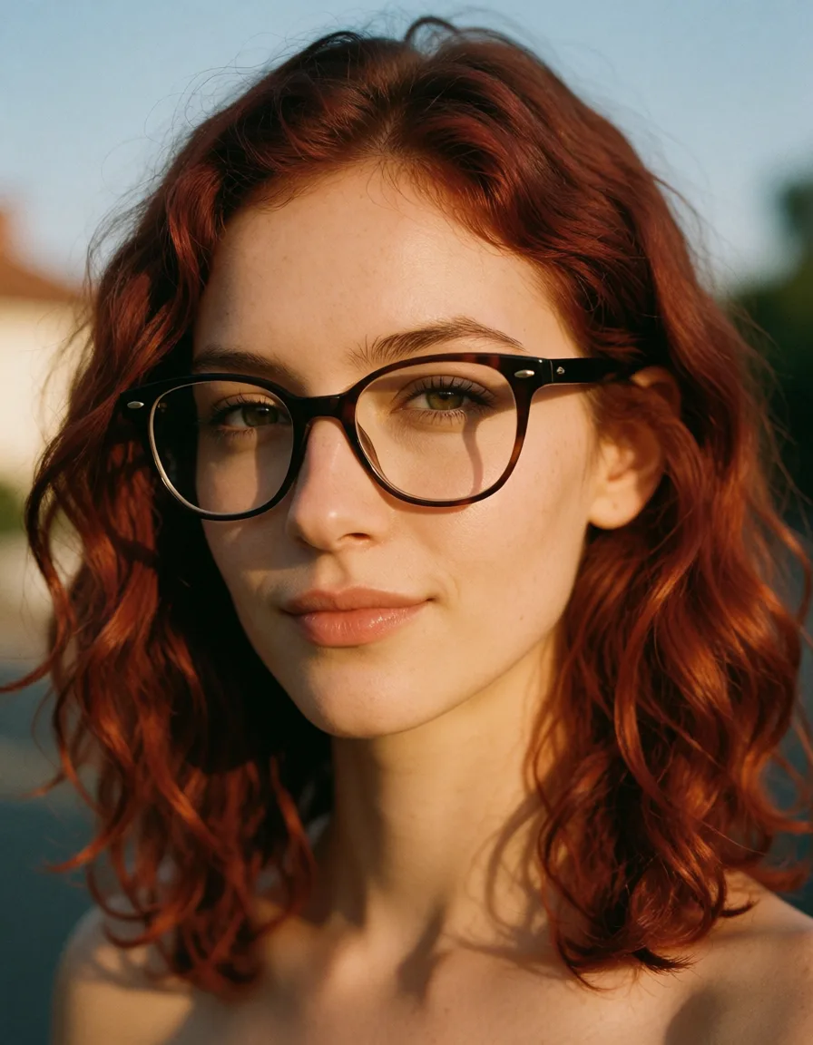 a photograph, She has wavy hair of medium length with a warm reddish‑brown hue. Her facial features are expressive: a neat nose, clearly defined cheekbones, and lips with a slight half‑smile. She wears large glasses with dark frames. blowjob., warm golden afternoon daylight, soft natural shadows, warm amber tones, gentle contrast, fine film grain, smooth clear skin, strikingly beautiful, radiant complexion, early twenties