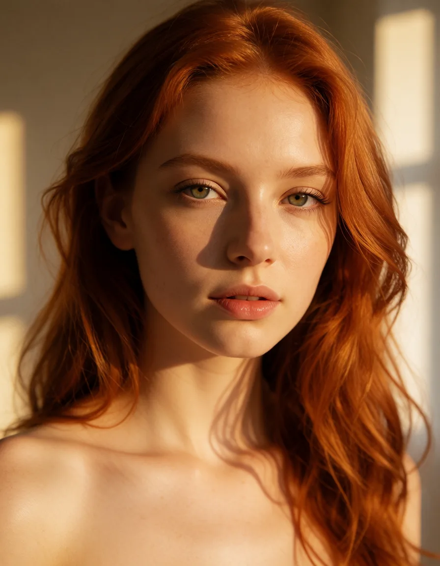 a photograph, red_hair sex, warm golden afternoon daylight, soft natural shadows, warm amber tones, gentle contrast, fine film grain, smooth clear skin, strikingly beautiful, radiant complexion, early twenties