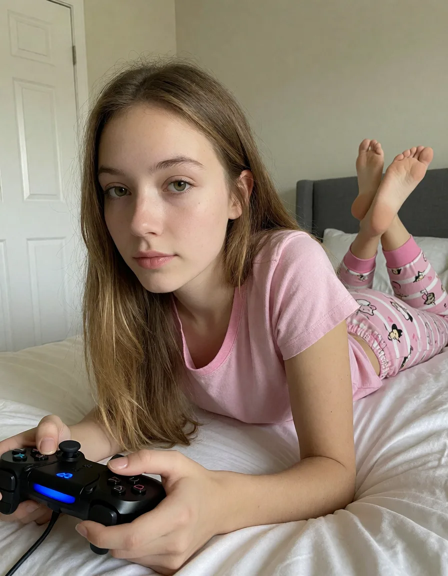 an amateur snapshot, Woman next door, 21yo, Slim frame gamer woman playing video games, wearing pajamas, laying on stomach, on bed, anal sex, plenty of natural daylight, flat even light, casual unposed snapshot, natural everyday colour, mild noise, natural unretouched skin, strikingly beautiful, radiant complexion, early twenties