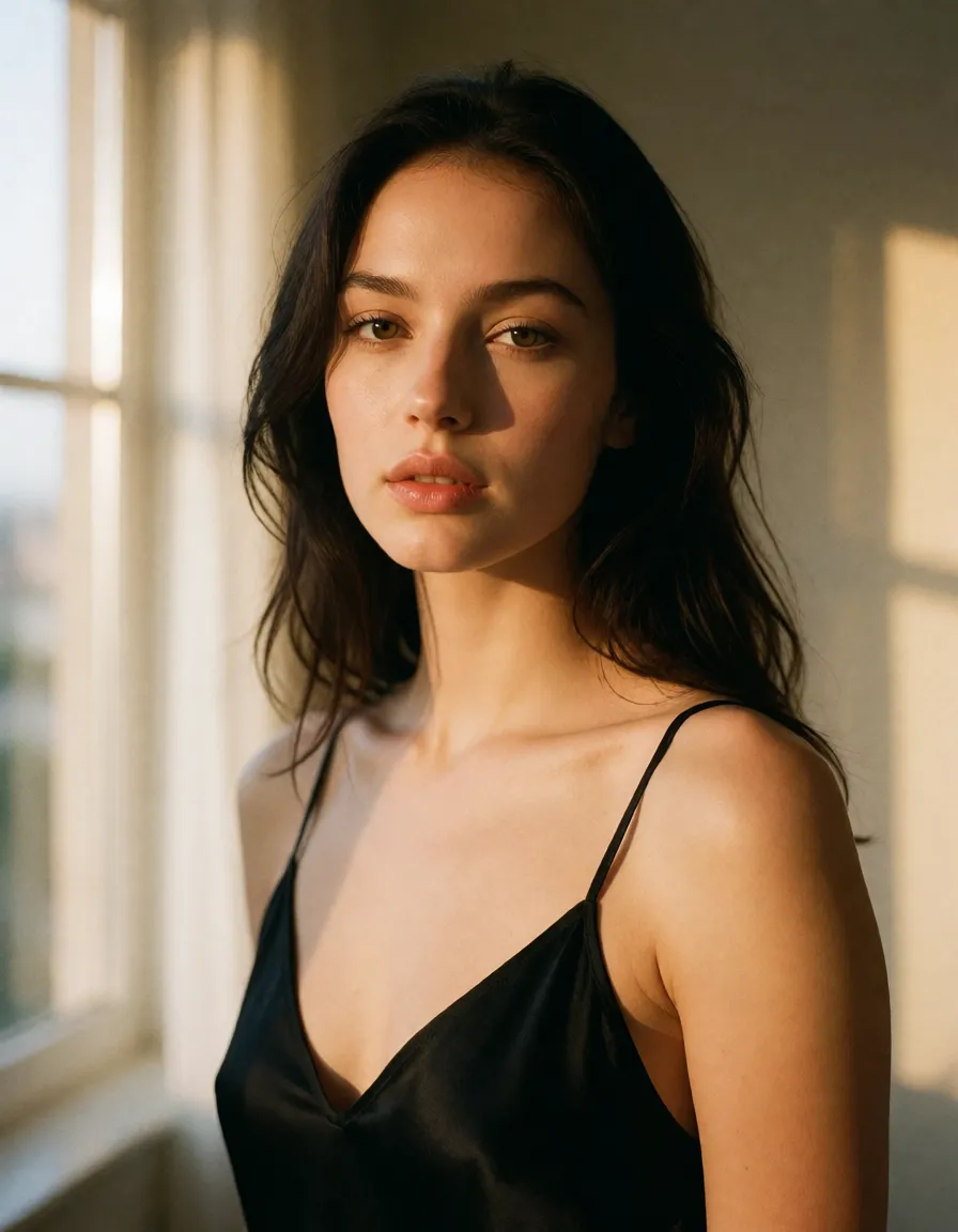 a photograph, a woman with long dark hair in a black silk slip, soft window light, shot on film, warm golden afternoon daylight, soft natural shadows, warm amber tones, gentle contrast, fine film grain, smooth clear skin, strikingly beautiful, radiant complexion, early twenties