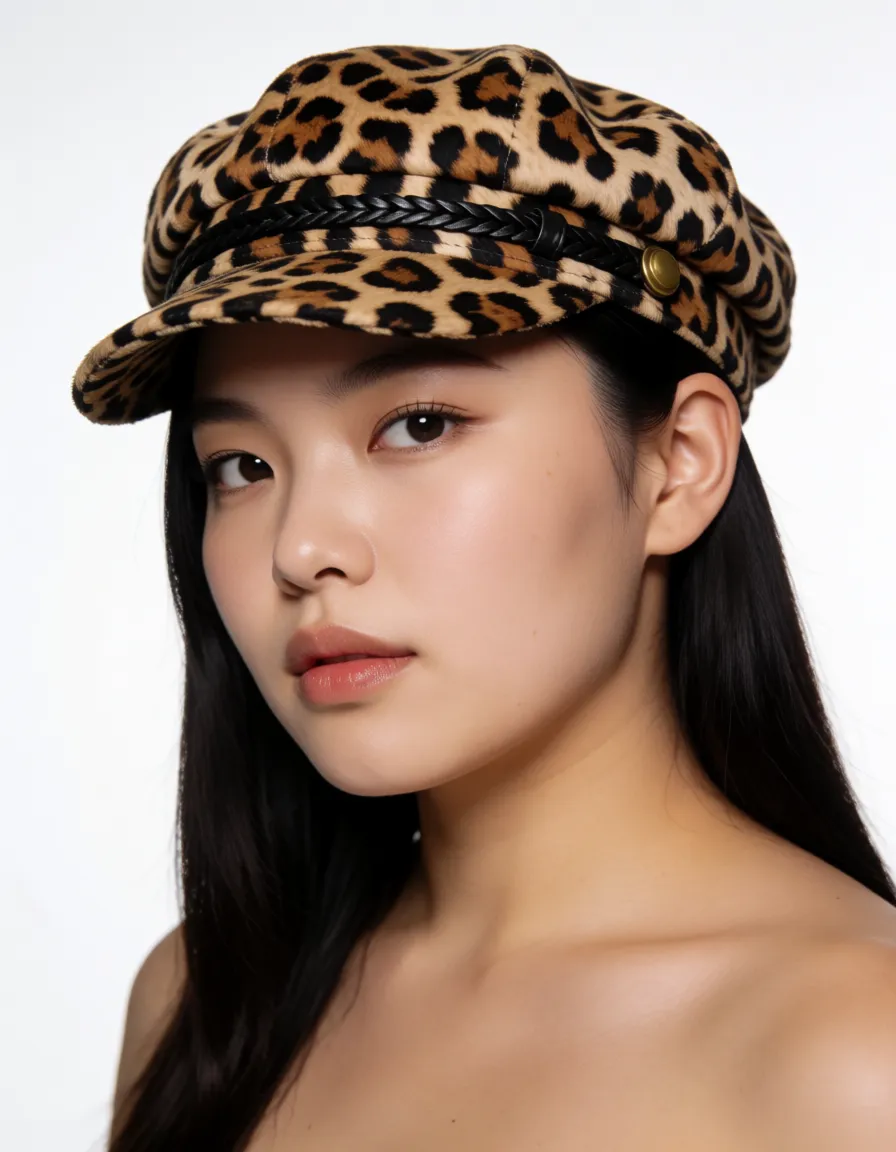 a studio photograph, Chubby woman with small boobs rides your face. You have her dirty pussy and asshole in the face. She wears a leopard captainbikerhat., even shadowless studio light, plain white background, clean rich colour, flawless polished skin, strikingly beautiful, radiant complexion, early twenties