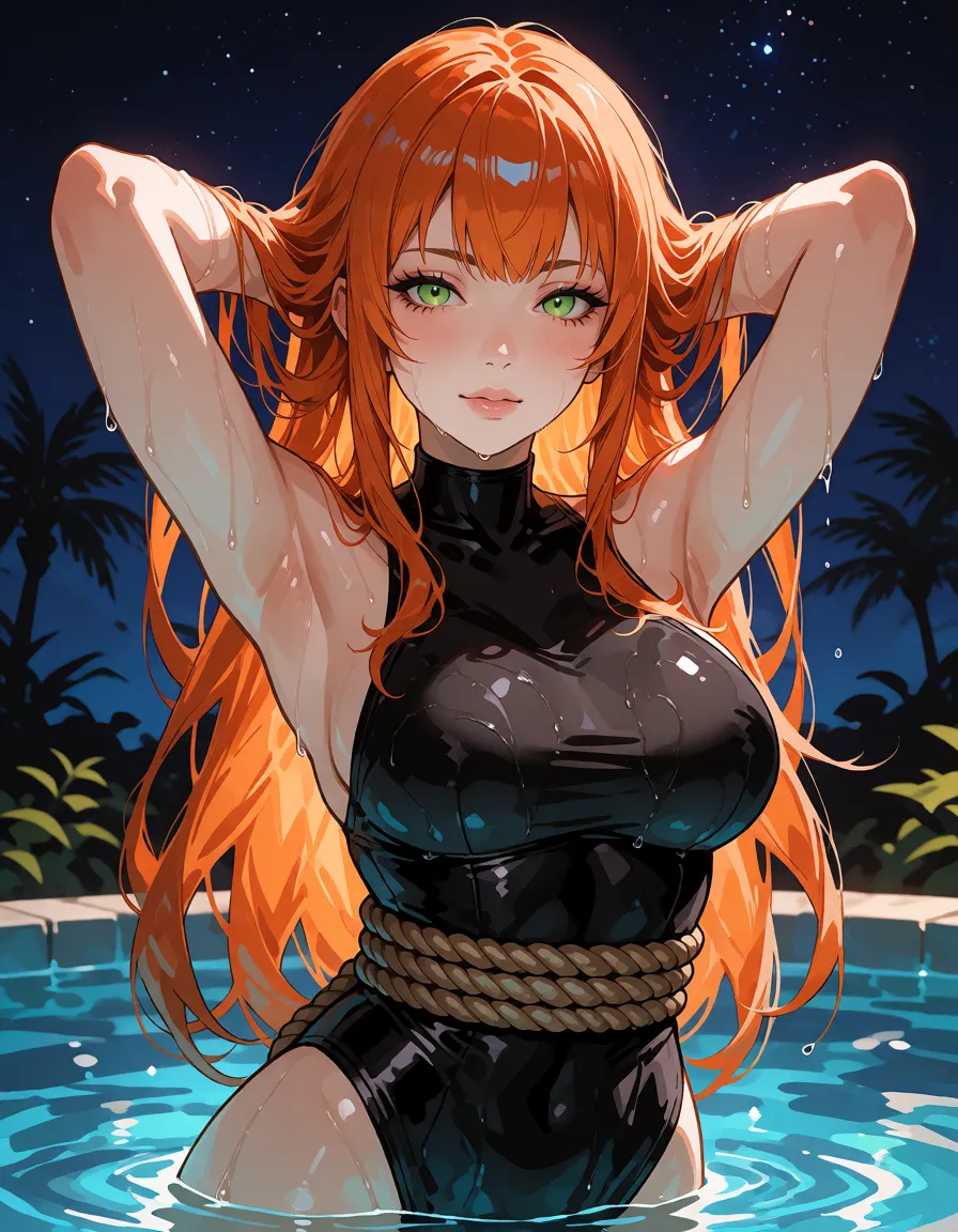 hentai anime art, Draw a semi-realistic anime illustration of Ishmael from Limbus Company. She has long orange hair, green eyes, and pale skin. She is standing in a pool of water at night, wearing a black high-neck swimsuit. Her hands are raised behind her head, and a thick rope is wrapped around her body. She is wet, with water droplets on her skin. The background features a night sky with stars and palm trees. The art style is inspired by Project Moon's game art, with a painterly look, dramatic lighting, and high detail on skin and textures., clean lineart, smooth cel shading, glossy highlights, saturated warm colour, drawn illustration, strikingly beautiful, radiant complexion, early twenties