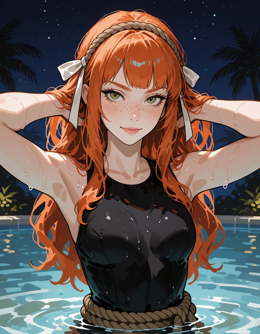 an amateur snapshot, Draw a semi-realistic anime illustration of Ishmael from Limbus Company. She has long wavy orange hair, pale skin, hazel-green eyes with sharp eyelashes and thin eyebrows, and a dusting of dark freckles across her nose and cheeks. She wears a rope headband with white ribbons. She is standing in a pool of water at night, wearing a black high-neck swimsuit. Her hands are raised behind her head, and a thick rope is wrapped around her waist. She is wet, with water droplets on her skin. The background features a night sky with stars and palm trees. The art style is inspired by Project Moon's game art, with a painterly look, soft lighting, muted color palette, and high detail on skin and textures., plenty of natural daylight, flat even light, casual unposed snapshot, natural everyday colour, mild noise, natural unretouched skin, strikingly beautiful, radiant complexion, early twenties