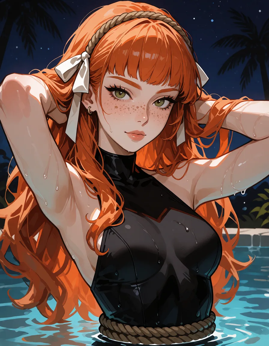 hentai anime art, Draw a semi-realistic anime illustration of Ishmael from Limbus Company. She has long wavy orange hair, pale skin, hazel-green eyes with sharp eyelashes and thin eyebrows, and a dusting of dark freckles across her nose and cheeks. She wears a rope headband with white ribbons. She is standing in a pool of water at night, wearing a black high-neck swimsuit. Her hands are raised behind her head, and a thick rope is wrapped around her waist. She is wet, with water droplets on her skin. The background features a night sky with stars and palm trees. The art style is inspired by Project Moon's game art, with a painterly look, soft lighting, muted color palette, and high detail on skin and textures., clean lineart, smooth cel shading, glossy highlights, saturated warm colour, drawn illustration, strikingly beautiful, radiant complexion, early twenties