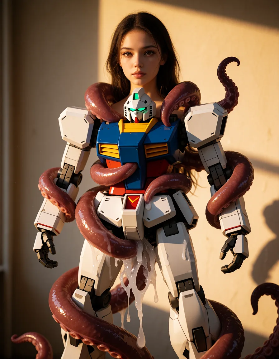 a photograph, mecha stand,tentacle around,tentacle grab mecha,tentacle fuck mecha,tentacle cum inside mecha,tentacle release slime on mecha, warm golden afternoon daylight, soft natural shadows, warm amber tones, gentle contrast, fine film grain, smooth clear skin, strikingly beautiful, radiant complexion, early twenties