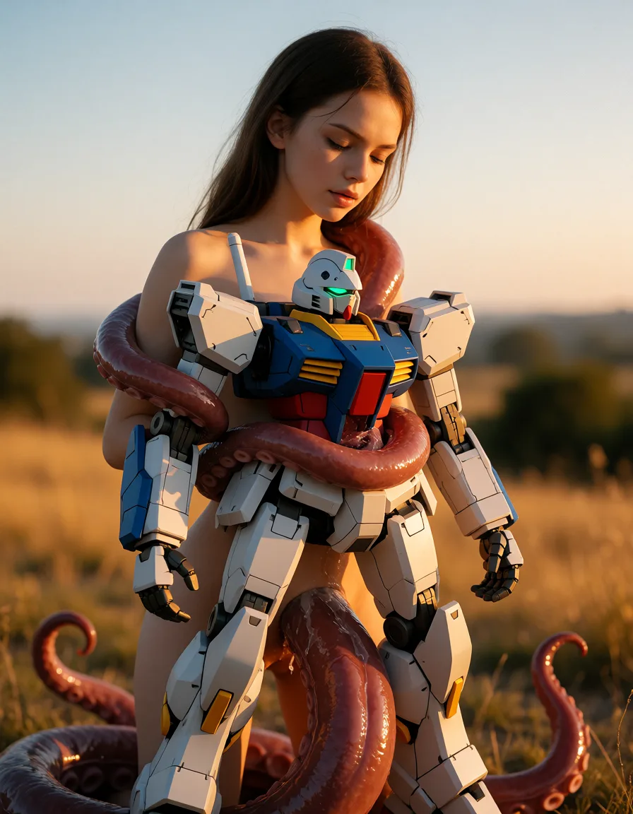 a photograph, mecha stand,tentacle around,tentacle grab mecha,tentacle fuck mecha,tentacle cum inside mecha,tentacle big, warm golden afternoon daylight, soft natural shadows, warm amber tones, gentle contrast, fine film grain, smooth clear skin, strikingly beautiful, radiant complexion, early twenties