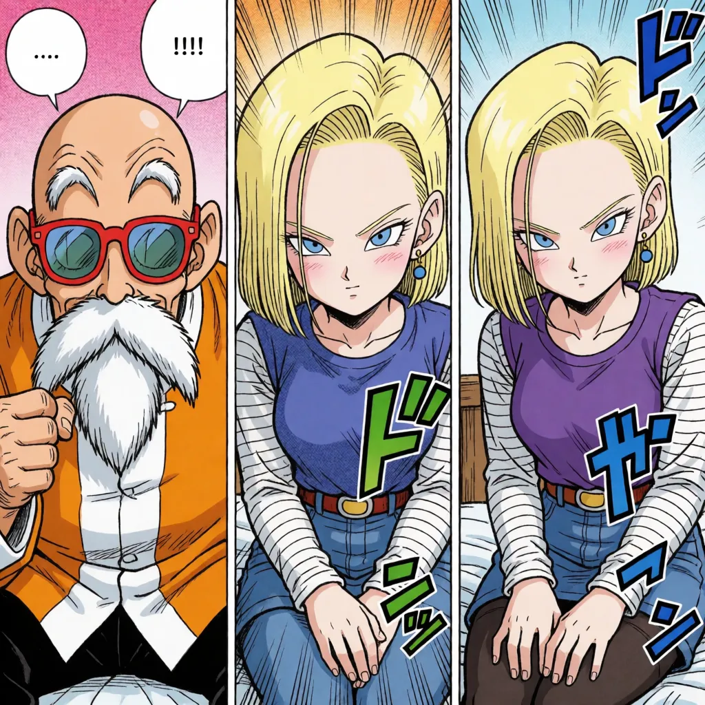 comic book art, Masterpiece, best quality, ultra-detailed, Dragon Ball, official art, manga style, full color, 3-panel layout, Master Roshi and Android 18, he is having missionary-style sex with her, in the bedroom, fine lines, delicate linework, motion lines, speed lines, Japanese sound effects, Japanese text speech bubbles, bold black ink outlines, halftone dot shading, cross hatched shadows, flat four colour print palette, hard high contrast comic inking, printed comic page, strikingly beautiful, radiant complexion, early twenties