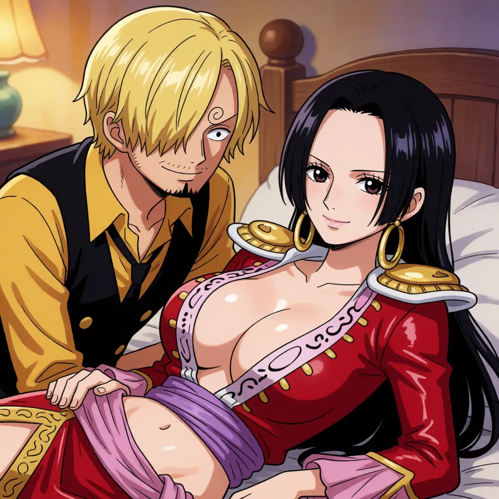 hentai anime art, One man and one woman; One Piece; Sanji and Boa Hancock; man fucking woman; man pinning her down on the bed; grinning; thrusting hips back and forth at incredible speed; shaking her body; woman; peak of pleasure; losing all reason; consciousness fading; slack-jawed, dazed expression; lying helplessly on her back; in the bedroom; motion and speed effects on his hips; sound effects; Japanese text., clean lineart, smooth cel shading, glossy highlights, saturated warm colour, drawn illustration, strikingly beautiful, radiant complexion, early twenties