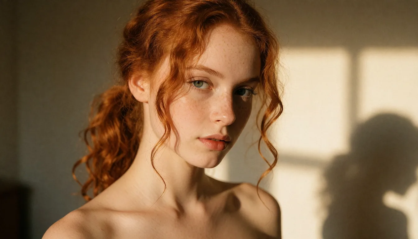 a photograph, lily is a 25 years old woman, wavy red hair and ponytail, small tits, fair skin and freckles, outie open wet shaved pussy., warm golden afternoon daylight, soft natural shadows, warm amber tones, gentle contrast, fine film grain, smooth clear skin, strikingly beautiful, radiant complexion, early twenties