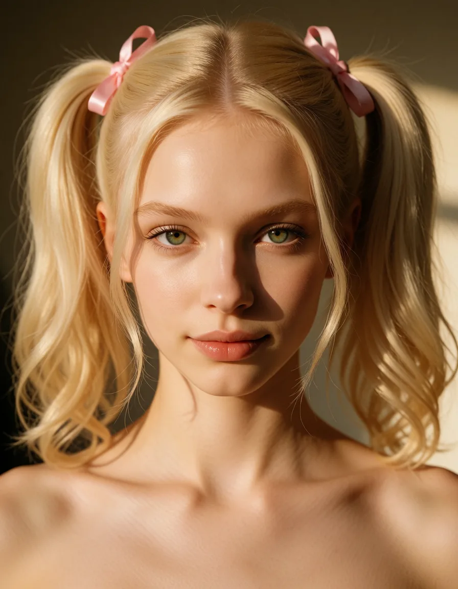 a photograph, Kasey presents with a slender, finely toned athletic build and a very fair, smooth complexion. The hair is light blonde, parted cleanly down the center, and styled into high, buoyant pigtails fastened securely with small pink ribbons. A few soft, loose strands fall naturally to frame the sides of the face. The facial features are delicate and symmetric, highlighting large, striking green eyes framed by light, neatly defined eyebrows. The nose is small and straight, leading down to full, naturally pigmented lips resting in a calm, subtle smile. High, defined cheekbones and a soft jawline complete the facial structure, giving the overall presentation a gentle, aesthetic appearance. He looks like a woman, as huge breast. His penis is cage in a inverted chastity cage., warm golden afternoon daylight, soft natural shadows, warm amber tones, gentle contrast, fine film grain, smooth clear skin, strikingly beautiful, radiant complexion, early twenties