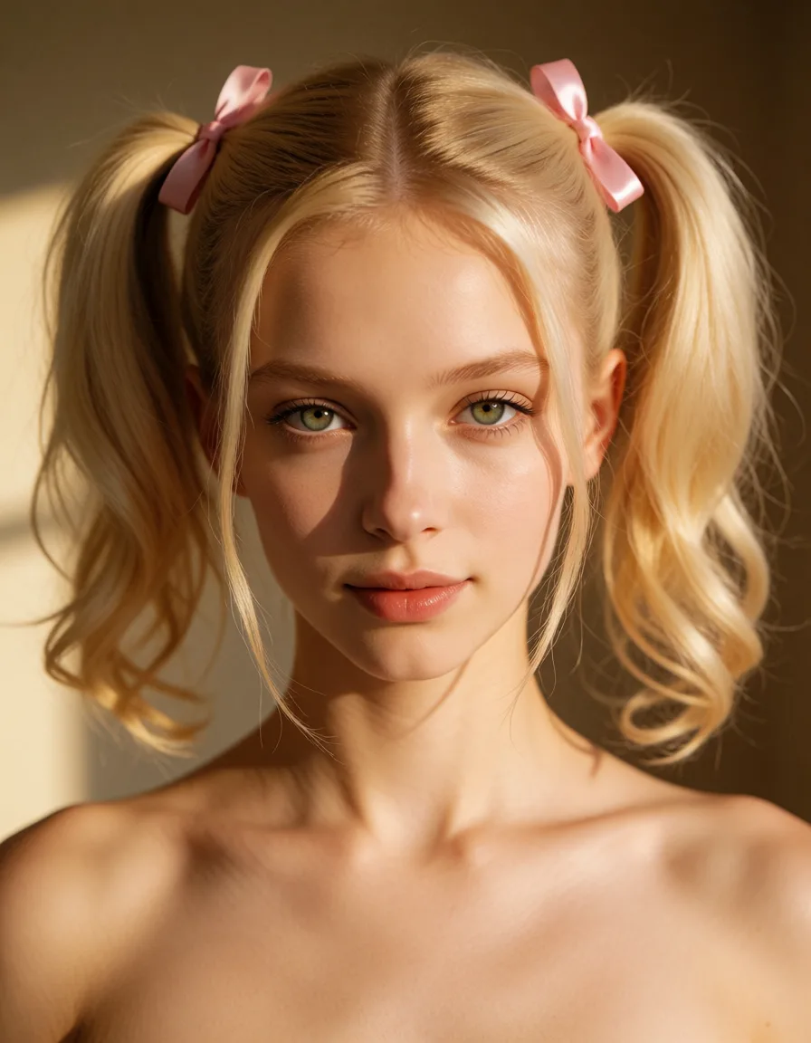 a photograph, Kasey presents with a slender, finely toned athletic build and a very fair, smooth complexion. The hair is light blonde, parted cleanly down the center, and styled into high, buoyant pigtails fastened securely with small pink ribbons. A few soft, loose strands fall naturally to frame the sides of the face. The facial features are delicate and symmetric, highlighting large, striking green eyes framed by light, neatly defined eyebrows. The nose is small and straight, leading down to full, naturally pigmented lips resting in a calm, subtle smile. High, defined cheekbones and a soft jawline complete the facial structure, giving the overall presentation a gentle, aesthetic appearance. He looks like a woman, as huge breast. His penis is cage in a inverted chastity cage. Full body., warm golden afternoon daylight, soft natural shadows, warm amber tones, gentle contrast, fine film grain, smooth clear skin, strikingly beautiful, radiant complexion, early twenties