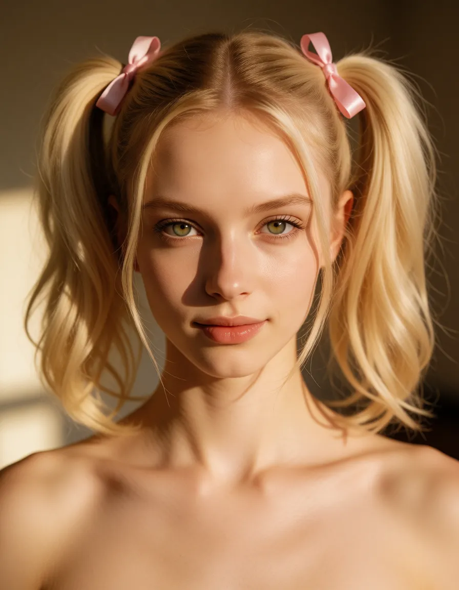 a photograph, slender, finely toned athletic build and a very fair, smooth complexion. The hair is light blonde, parted cleanly down the center, and styled into high, buoyant pigtails fastened securely with small pink ribbons. A few soft, loose strands fall naturally to frame the sides of the face. The facial features are delicate and symmetric, highlighting large, striking green eyes framed by light, neatly defined eyebrows. The nose is small and straight, leading down to full, naturally pigmented lips resting in a calm, subtle smile. High, defined cheekbones and a soft jawline complete the facial structure, giving the overall presentation a gentle, aesthetic appearance. He looks like a woman, as huge breast. His penis is cage in a inverted chastity cage. FULL BODY., warm golden afternoon daylight, soft natural shadows, warm amber tones, gentle contrast, fine film grain, smooth clear skin, strikingly beautiful, radiant complexion, early twenties