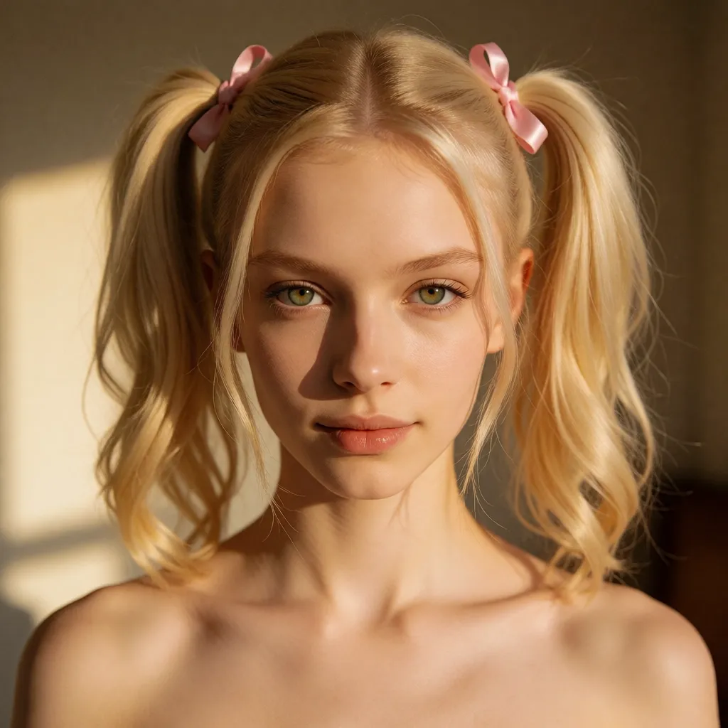 a photograph, FULL BODY PICTURE. 

slender, finely toned athletic build and a very fair, smooth complexion. The hair is light blonde, parted cleanly down the center, and styled into high, buoyant pigtails fastened securely with small pink ribbons. A few soft, loose strands fall naturally to frame the sides of the face.   The facial features are delicate and symmetric, highlighting large, striking green eyes framed by light, neatly defined eyebrows. The nose is small and straight, leading down to full, naturally pigmented lips resting in a calm, subtle smile. High, defined cheekbones and a soft jawline complete the facial structure, giving the overall presentation a gentle, aesthetic appearance. He looks like a woman, as huge breast. His penis is cage in a inverted chastity cage. 

FULL BODY PICTURE., warm golden afternoon daylight, soft natural shadows, warm amber tones, gentle contrast, fine film grain, smooth clear skin, strikingly beautiful, radiant complexion, early twenties