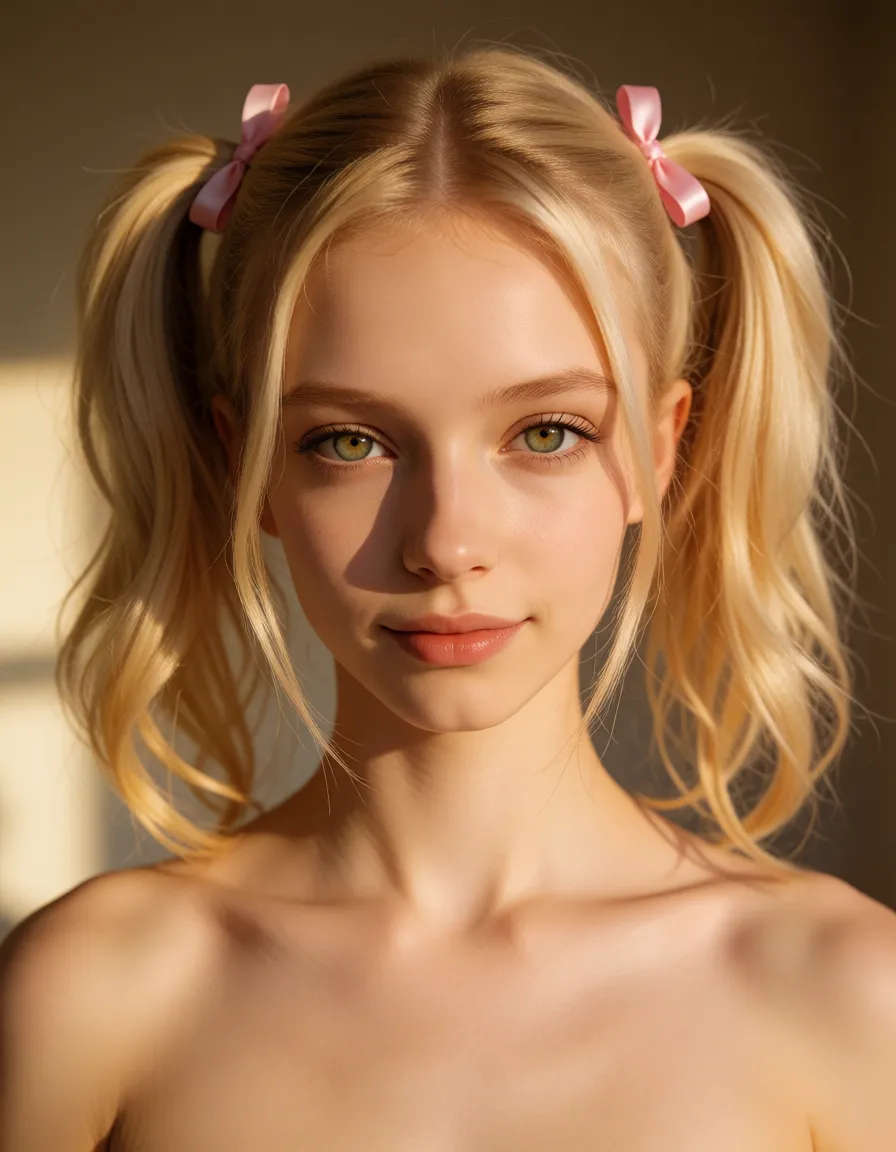 a photograph, 8K real pictures.

slender, finely toned athletic build and a very fair, smooth complexion. The hair is light blonde, parted cleanly down the center, and styled into high, buoyant pigtails fastened securely with small pink ribbons. A few soft, loose strands fall naturally to frame the sides of the face.   The facial features are delicate and symmetric, highlighting large, striking green eyes framed by light, neatly defined eyebrows. The nose is small and straight, leading down to full, naturally pigmented lips resting in a calm, subtle smile. High, defined cheekbones and a soft jawline complete the facial structure, giving the overall presentation a gentle, aesthetic appearance. He looks like a woman, as huge breast. His penis is cage in a inverted chastity cage. FULL BODY.
High quality professional photography. over all, a casual image. Taking the picture with her phone. It's a casual photo. Overall it's an actual real-life photograph., warm golden afternoon daylight, soft natural shadows, warm amber tones, gentle contrast, fine film grain, smooth clear skin, strikingly beautiful, radiant complexion, early twenties