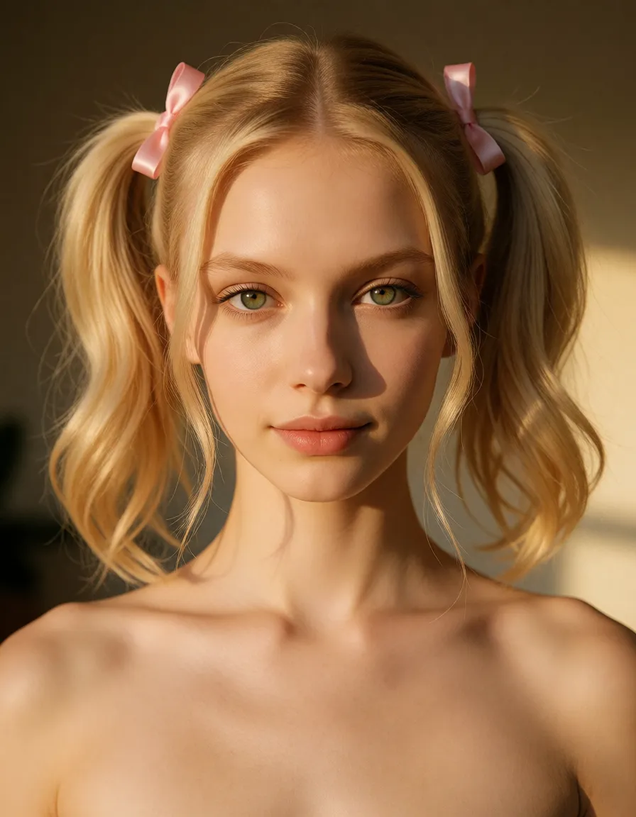 a photograph, 8K real pictures. slender, finely toned athletic build and a very fair, smooth complexion. The hair is light blonde, parted cleanly down the center, and styled into high, buoyant pigtails fastened securely with small pink ribbons. A few soft, loose strands fall naturally to frame the sides of the face. The facial features are delicate and symmetric, highlighting large, striking green eyes framed by light, neatly defined eyebrows. The nose is small and straight, leading down to full, naturally pigmented lips resting in a calm, subtle smile. High, defined cheekbones and a soft jawline complete the facial structure, giving the overall presentation a gentle, aesthetic appearance. He looks like a woman, has a huge breast. His penis is caged in a inverted chastity cage. FULL BODY picture. High quality professional photography. over all, a casual image. Taking the picture with her phone. It's a casual photo. Overall it's an actual real-life photograph., warm golden afternoon daylight, soft natural shadows, warm amber tones, gentle contrast, fine film grain, smooth clear skin, strikingly beautiful, radiant complexion, early twenties