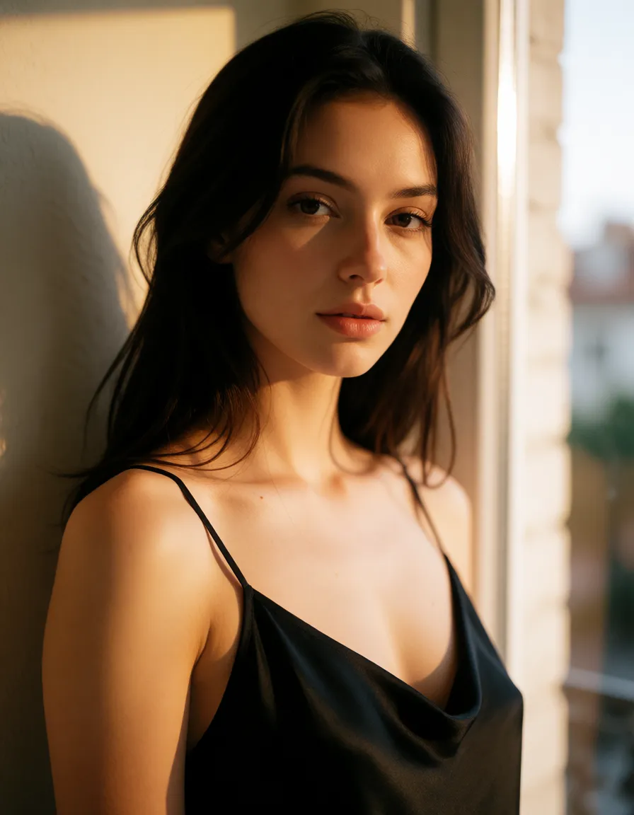 a photograph, a woman with long dark hair in a black silk slip, soft window light, shot on film, warm golden afternoon daylight, soft natural shadows, warm amber tones, gentle contrast, fine film grain, smooth clear skin, strikingly beautiful, radiant complexion, early twenties