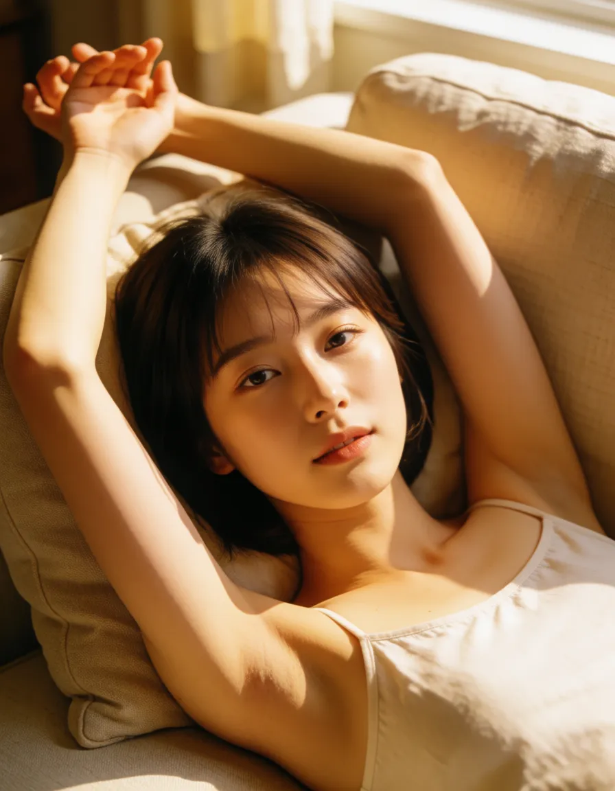 a photograph, Beautiful korean woman, lay down on sofa, angle from above, arms up, naked, bob hair, big tits, spread_legs, fucked by a men, pov, missionary, penis entered pussy,, warm golden afternoon daylight, soft natural shadows, warm amber tones, gentle contrast, fine film grain, smooth clear skin, strikingly beautiful, radiant complexion, early twenties