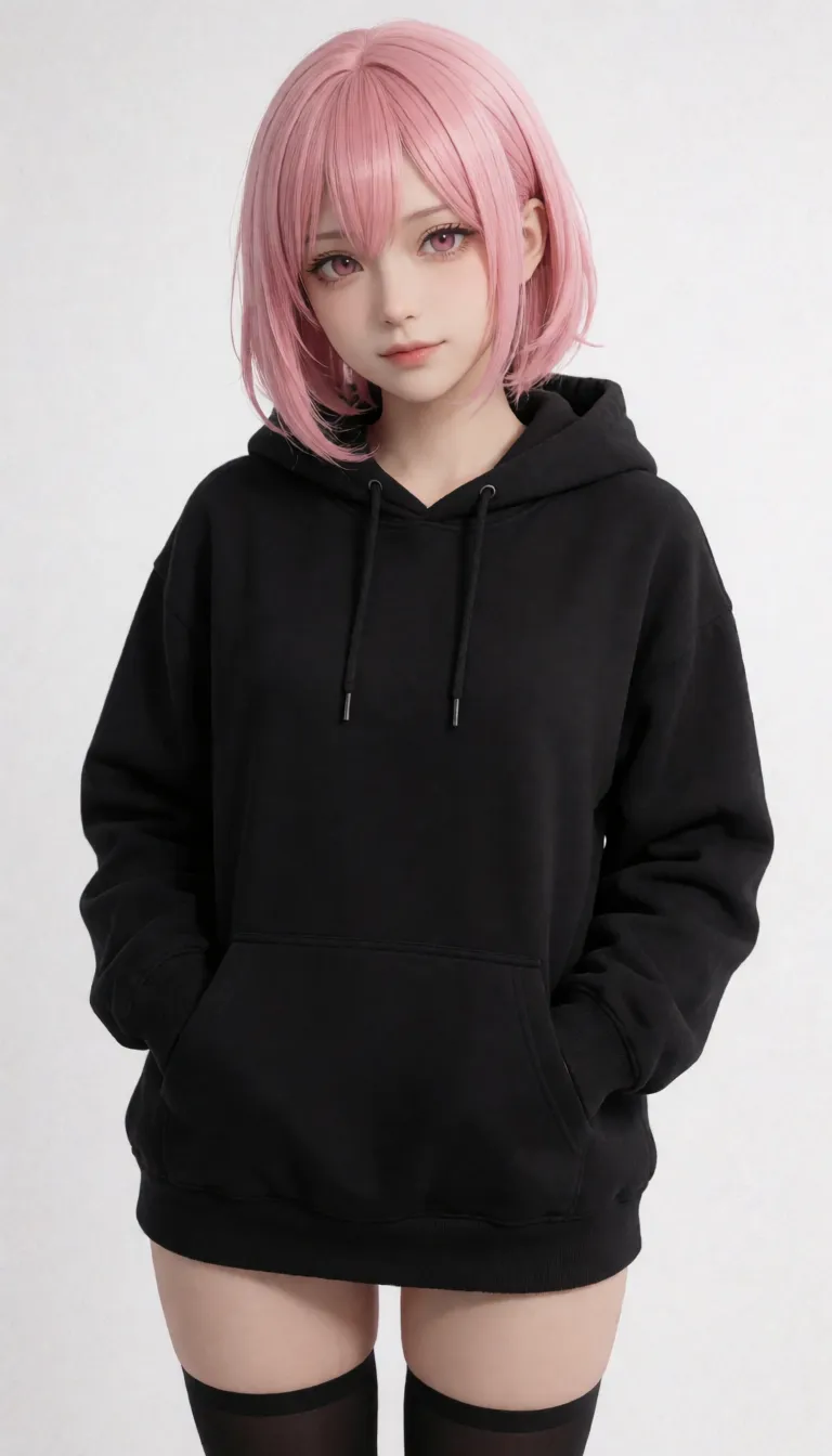 a photograph, an adult futanari woman, with breasts and a penis, 1woman pink_hair red_eyes huge_breasts huge_ass thighhighs black_hoodie ahegao hot saliva_trail,, natural colour, neutral white balance, true to life skin tone, gentle contrast, fine film grain, smooth clear skin, strikingly beautiful, radiant complexion, early twenties
