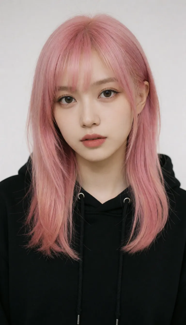 a photograph, 1woman pink_hair red_eyes huge_breasts huge_ass thighhighs black_hoodie ahegao hot saliva_trail,, natural colour, neutral white balance, true to life skin tone, gentle contrast, fine film grain, smooth clear skin, strikingly beautiful, radiant complexion, early twenties