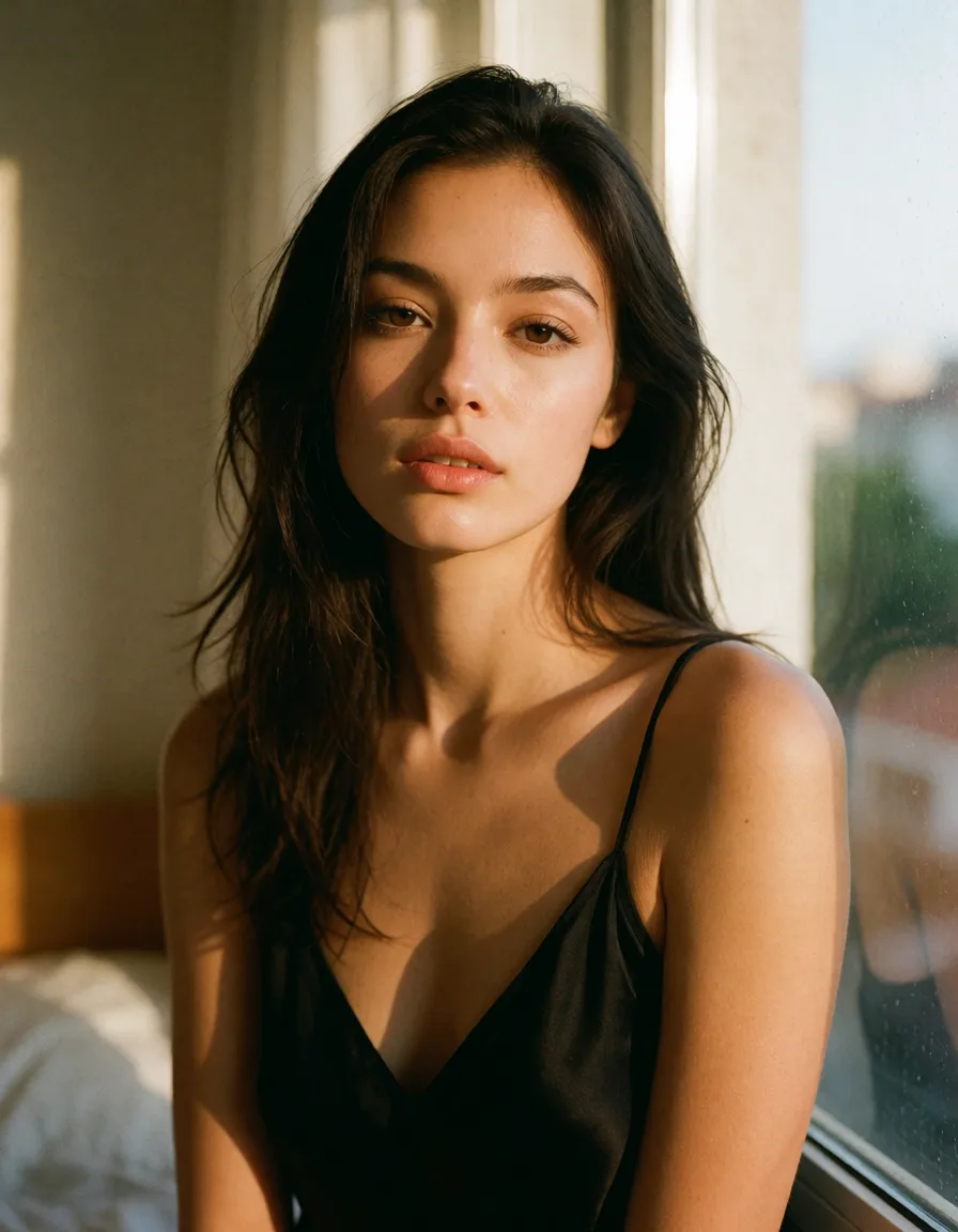 a photograph, a woman with long dark hair in a black silk slip, soft window light, shot on film, warm golden afternoon daylight, soft natural shadows, warm amber tones, gentle contrast, fine film grain, smooth clear skin, strikingly beautiful, radiant complexion, early twenties