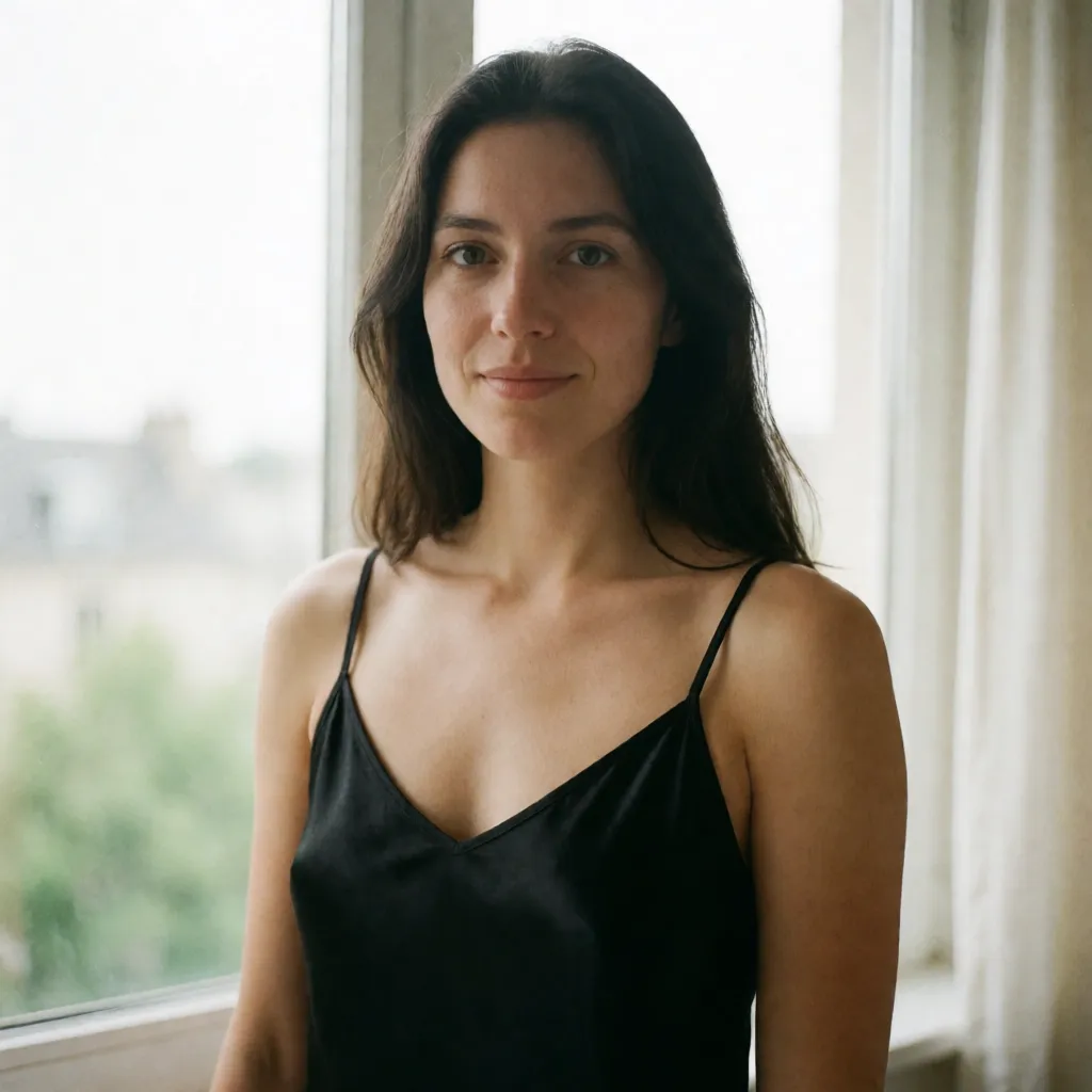 an amateur snapshot, a woman with long dark hair in a black silk slip, soft window light, shot on film, plenty of natural daylight, flat even light, casual unposed snapshot, natural everyday colour, mild noise, natural unretouched skin, strikingly beautiful, radiant complexion, early twenties