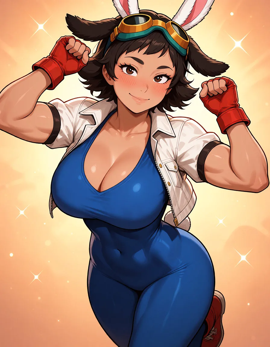 hentai anime art, 1woman dark brown short hair short bangs flipped hair ((droopydog ears and rabbit ears)) goggles on head brown eyes powerful frame thick arms
wide hips [[muscular]] blue u neck bodysuit white open_clothes cropped jacket short sleeves red gloves fingerless gloves goggles on head smile blush sparkling eyes,jumping, clean lineart, smooth cel shading, glossy highlights, saturated warm colour, drawn illustration, strikingly beautiful, radiant complexion, early twenties