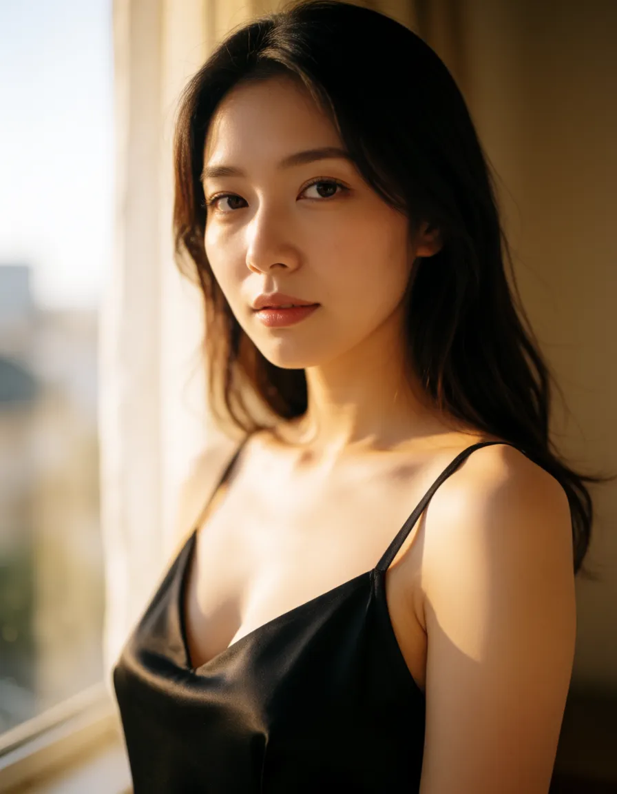 a photograph, a woman with long dark hair in a black silk slip, soft window light, shot on filmyazawa nico, love live!,leotard, masterpiece, best quality, very aesthetic, naked, cinematic photo, 35mm photograph, film, bokeh, professional, 4k, highly detailed, warm golden afternoon daylight, soft natural shadows, warm amber tones, gentle contrast, fine film grain, smooth clear skin, strikingly beautiful, radiant complexion, early twenties