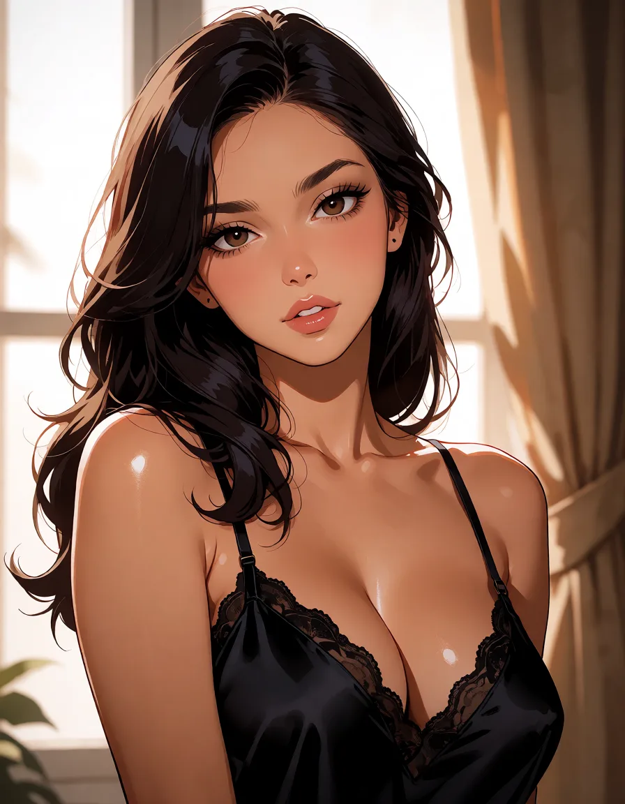 hentai anime art, a woman with long dark hair in a black silk slip, soft window light, shot on film, clean lineart, smooth cel shading, glossy highlights, saturated warm colour, drawn illustration, strikingly beautiful, radiant complexion, early twenties
