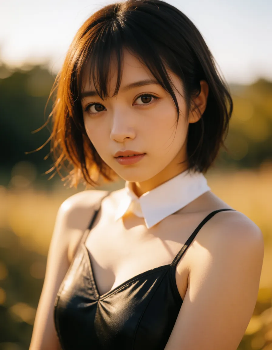 a photograph, yazawa nico, love live!,leotard, masterpiece, best quality, very aesthetic, naked, cinematic photo, 35mm photograph, film, bokeh, professional, 4k, highly detailed, warm golden afternoon daylight, soft natural shadows, warm amber tones, gentle contrast, fine film grain, smooth clear skin, strikingly beautiful, radiant complexion, early twenties